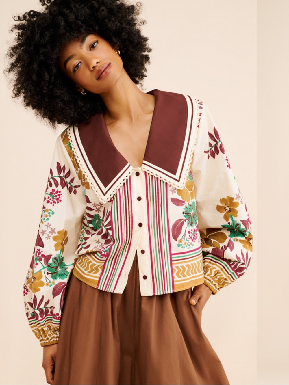 Farm Rio Florisbela Button Down Top Brown Cream Floral Women Size XL